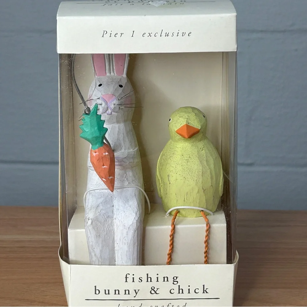 Pier One Fishing White Bunny Carrot & Yellow Chick Easter Spring Figurines